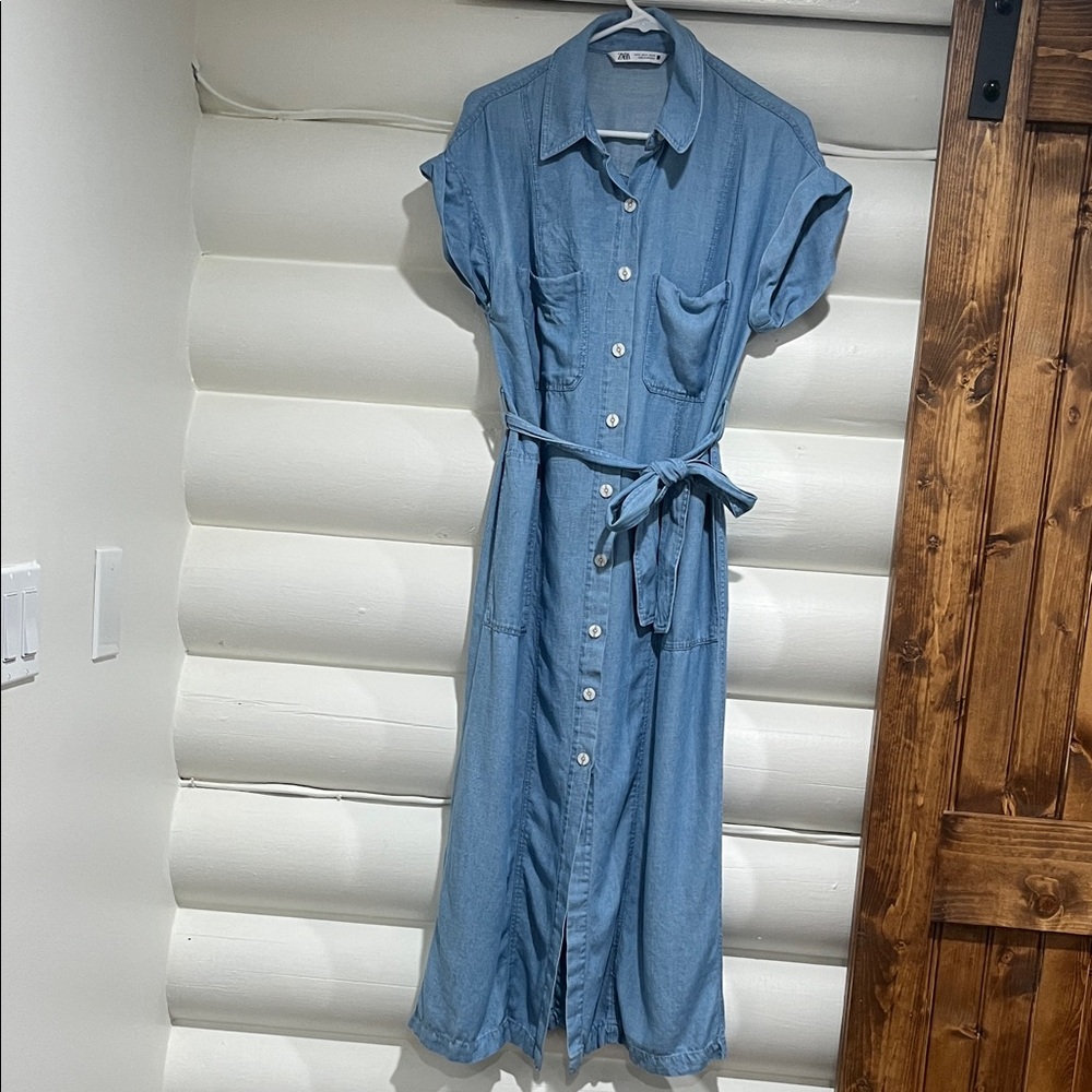 Zara Denim Blue Button-Up Midi Dress